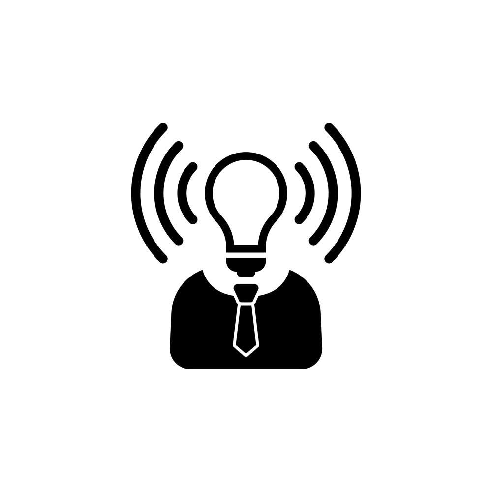 brand awareness icon showing the upper body of a person with a lightbult sending off light waves in place of their head