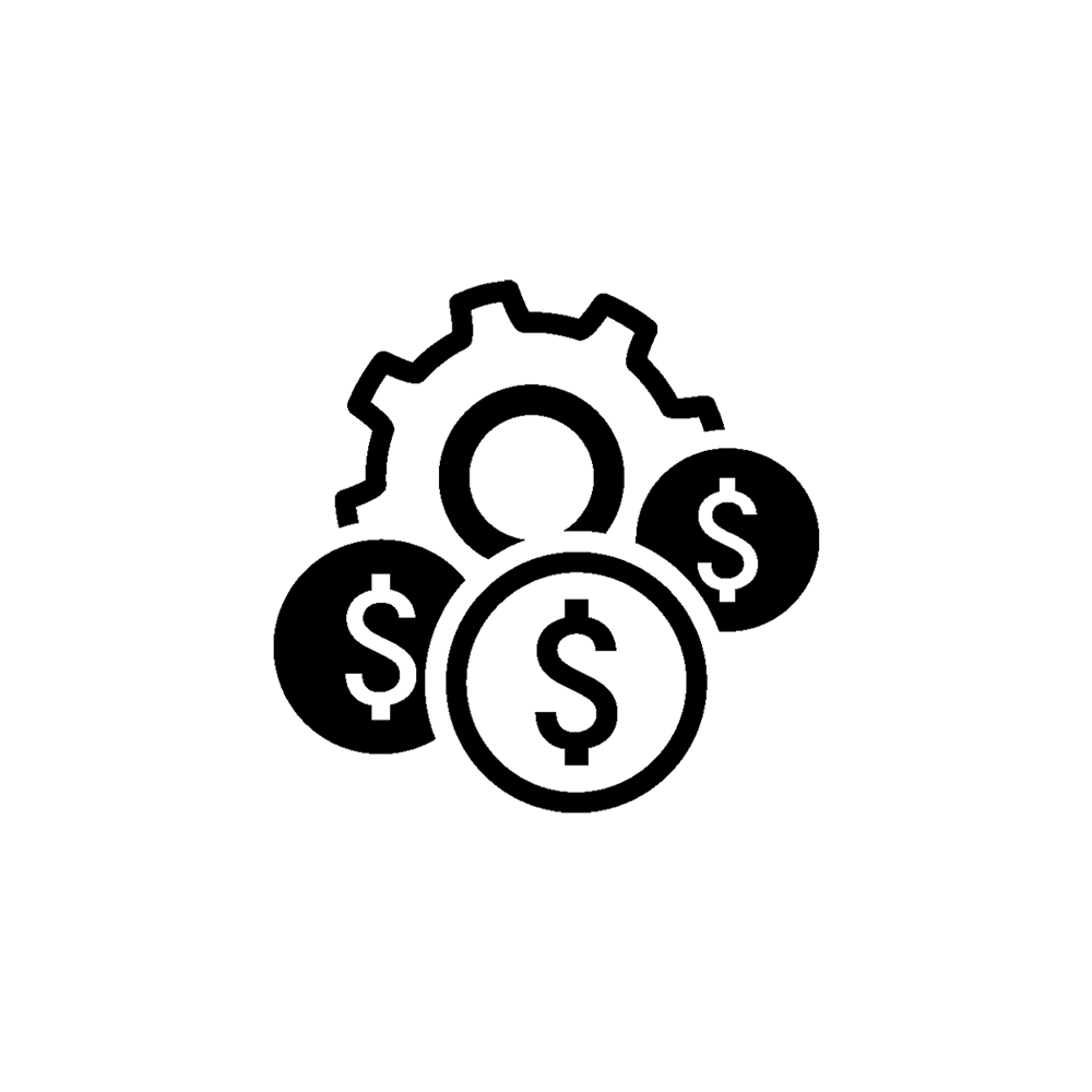 cost management icon showing cog with three circles in front of it with each circle having a dollar symbol inside of it