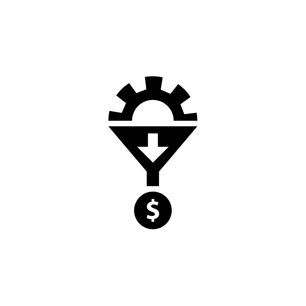 lead generation icon showing a cog going down through a funnel coming out as money
