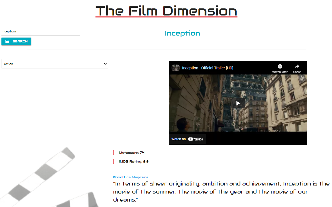 snapshot of website with moview review and trailer