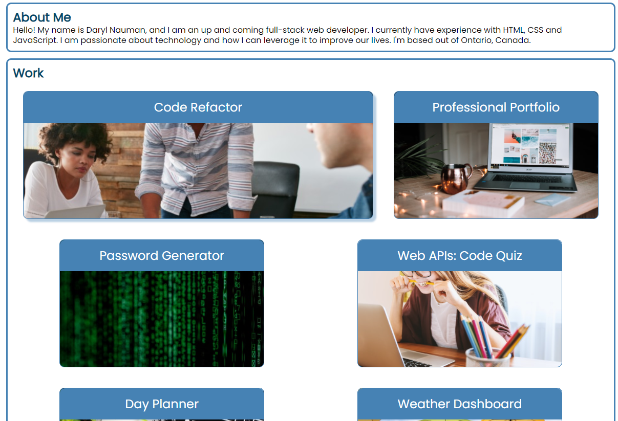snapshot of portfolio website